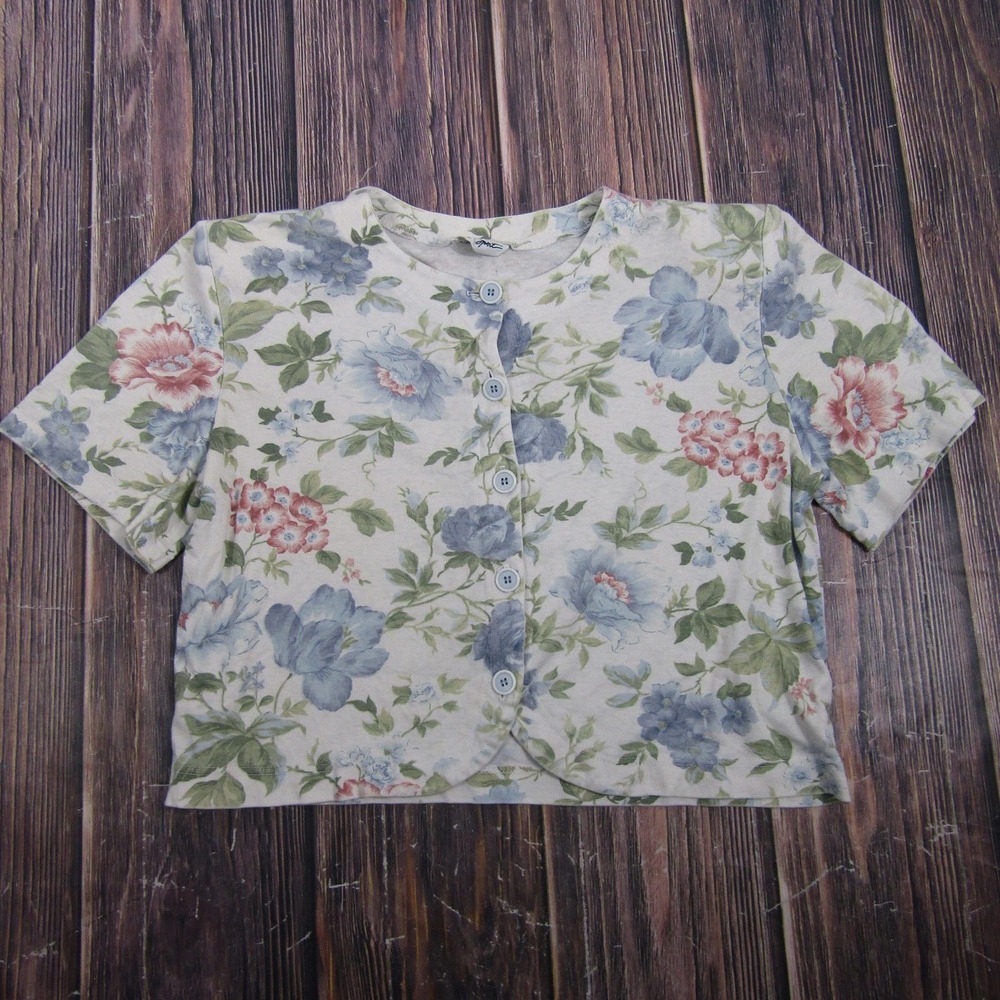 FR Sport Womens Large Granny Core Floral Button Up Cropped Shirt Top Casual